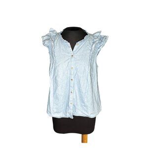 Lauren Jeans Co. Womens Ruffle Sleeve Light Blue Button-Up Blouse M 100% Cotton